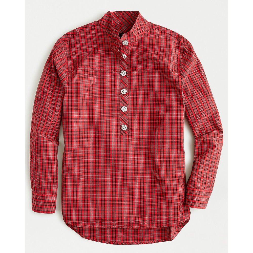 J.Crew Plaid Tunic Womens Red Black Rhinestone Button Holiday Preppy Size 00